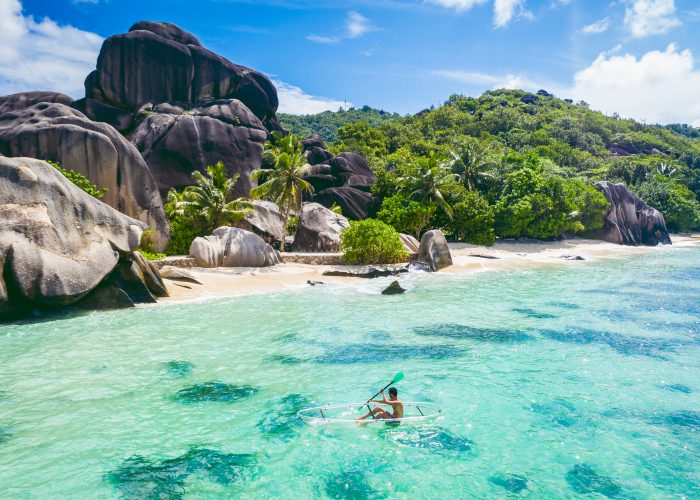 Beautiful beach with white sand on a tropical island in the Seychelles - The famous beach of Anse d'Argent in La Digue